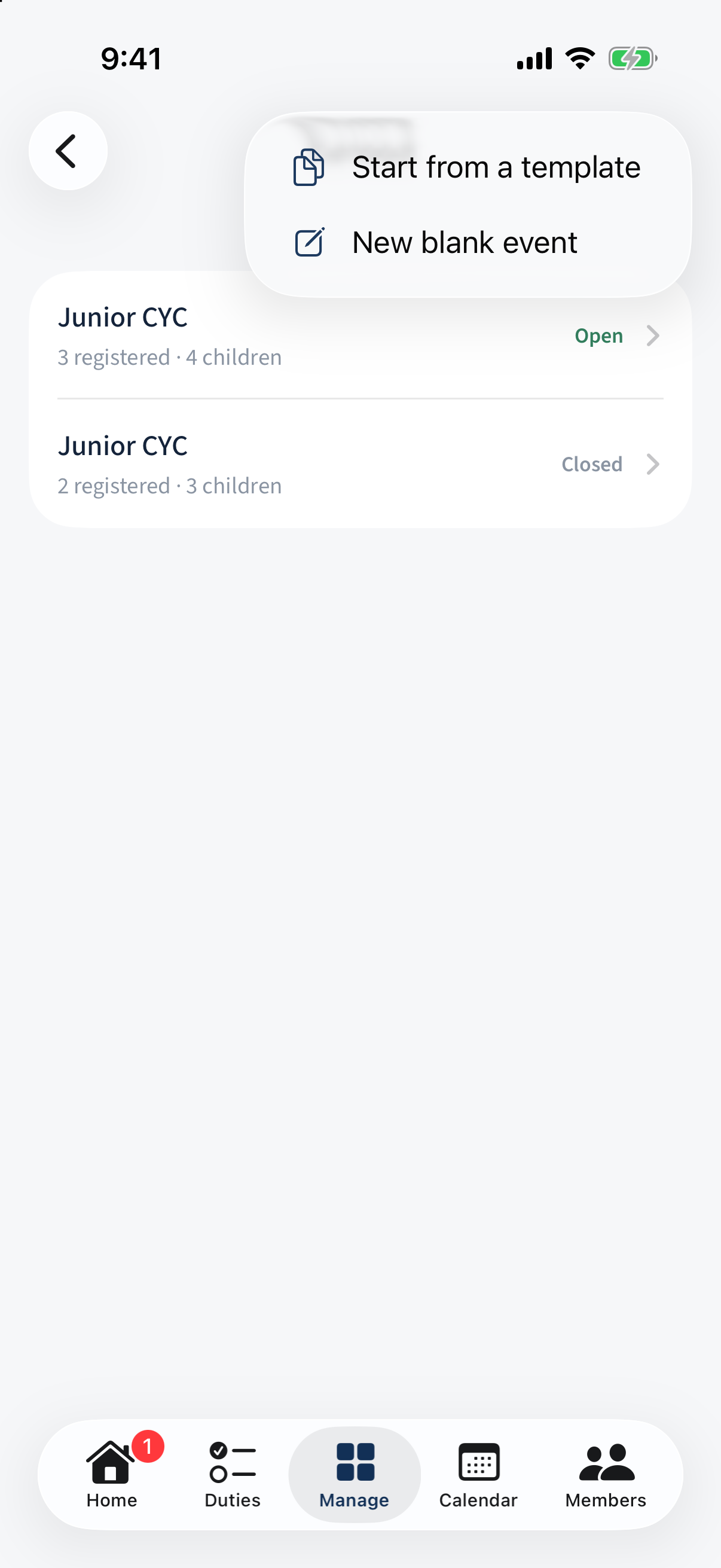 The admin "+" menu — Start from a template / New blank event.