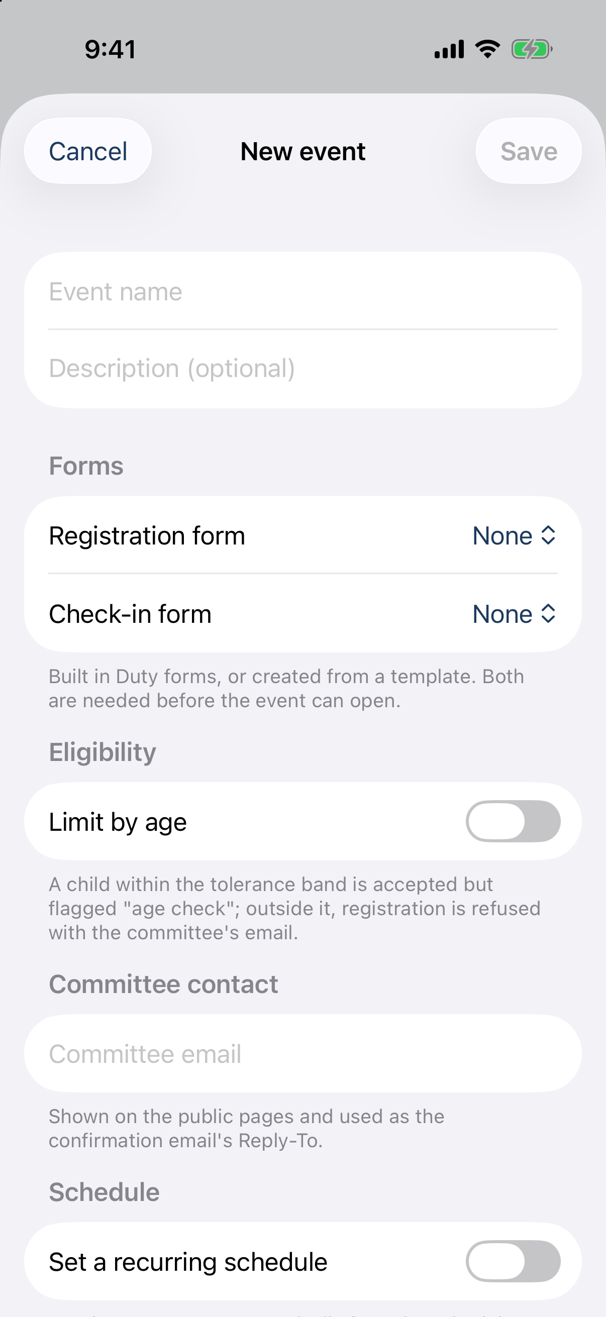 The New event form — registration and check-in form pickers, age limit, committee email, recurring schedule.