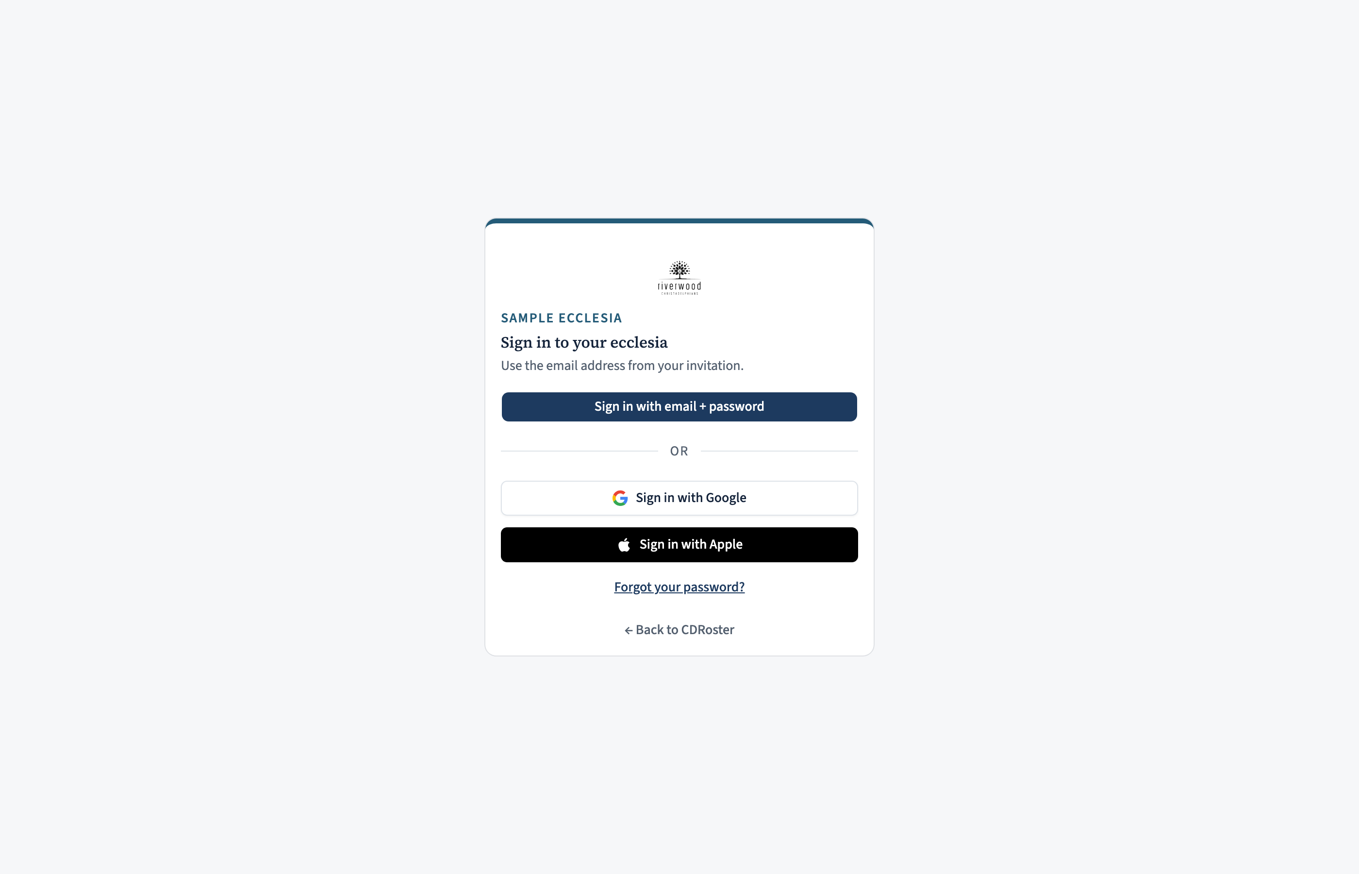 The sign-in screen offering email + password, Sign in with Google, and Sign in with Apple.