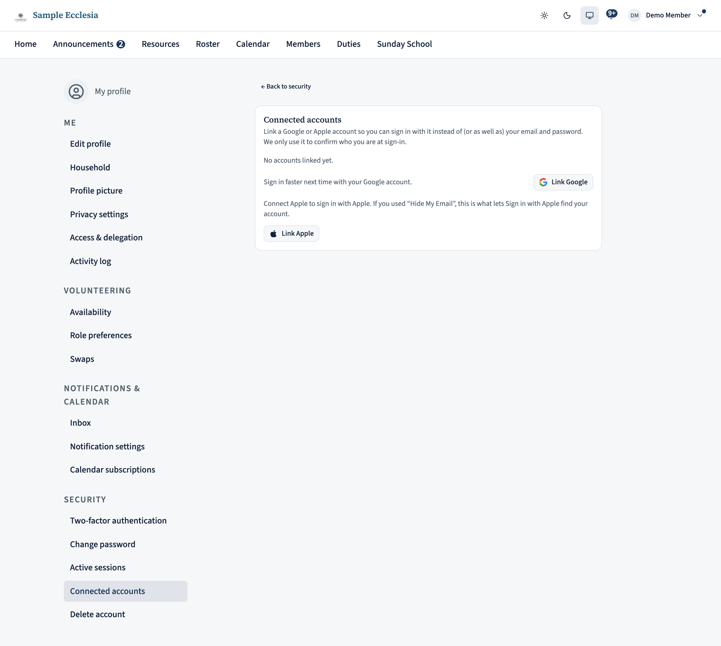 The Connected accounts page with Link Google and Link Apple buttons, and any already-linked account listed.