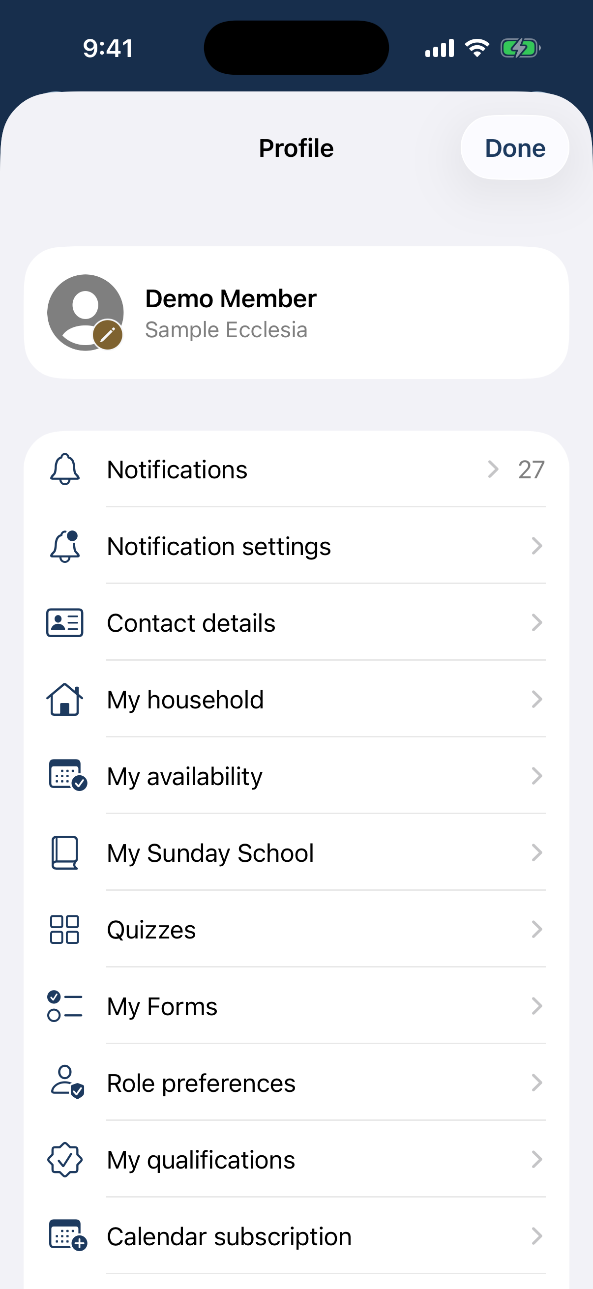 The profile menu opened from the person icon.