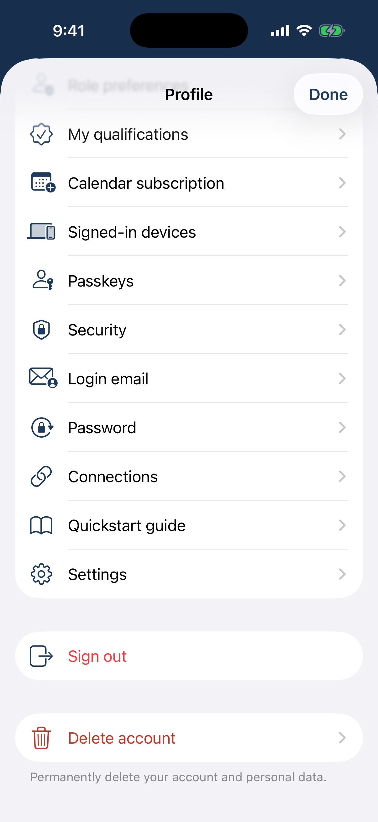 The account rows: Login email, Password, Connections, Passkeys, Signed-in devices, Security, and Delete account.